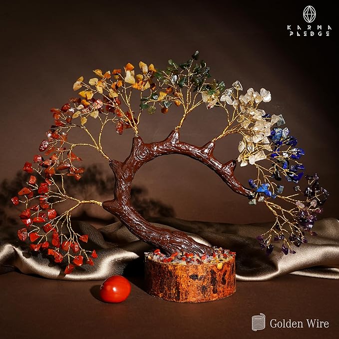 KARMAPLEDGE 7 Chakra Crystal Tree of Life for Home, Office Desk Decor, Handmade Bonsai Trees for Positive Energy, Money, Good Luck Birthday Gifts for Women, Mom