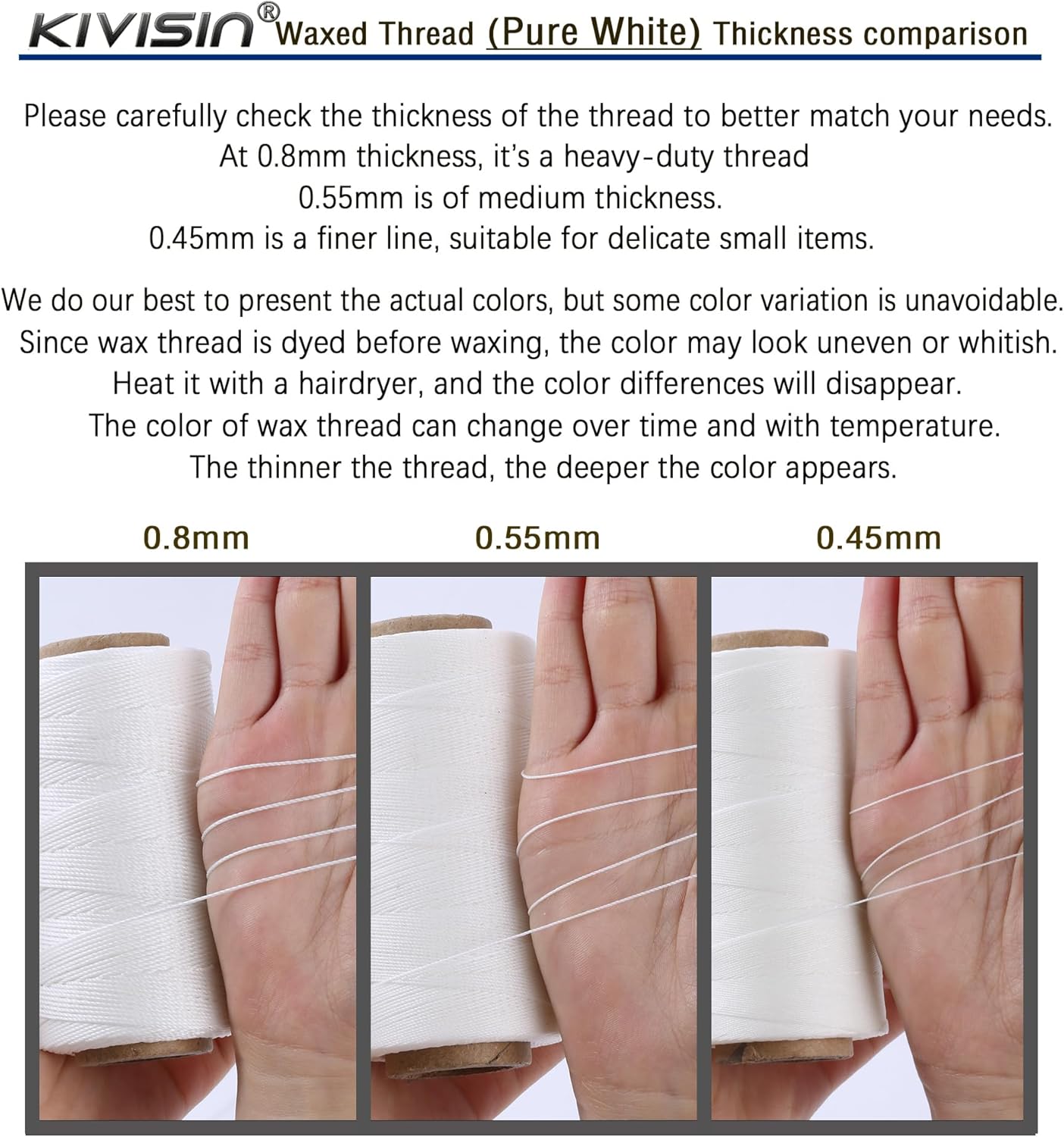 Thin Wax Polyester Thread, 0.45mm, 547 Yards, 3 Ply Round Waxed Cord Strings for Sewing, Beading, Binding, Micro Braiding, Fine Leather Craft and Micro Macrame Jewelry - White