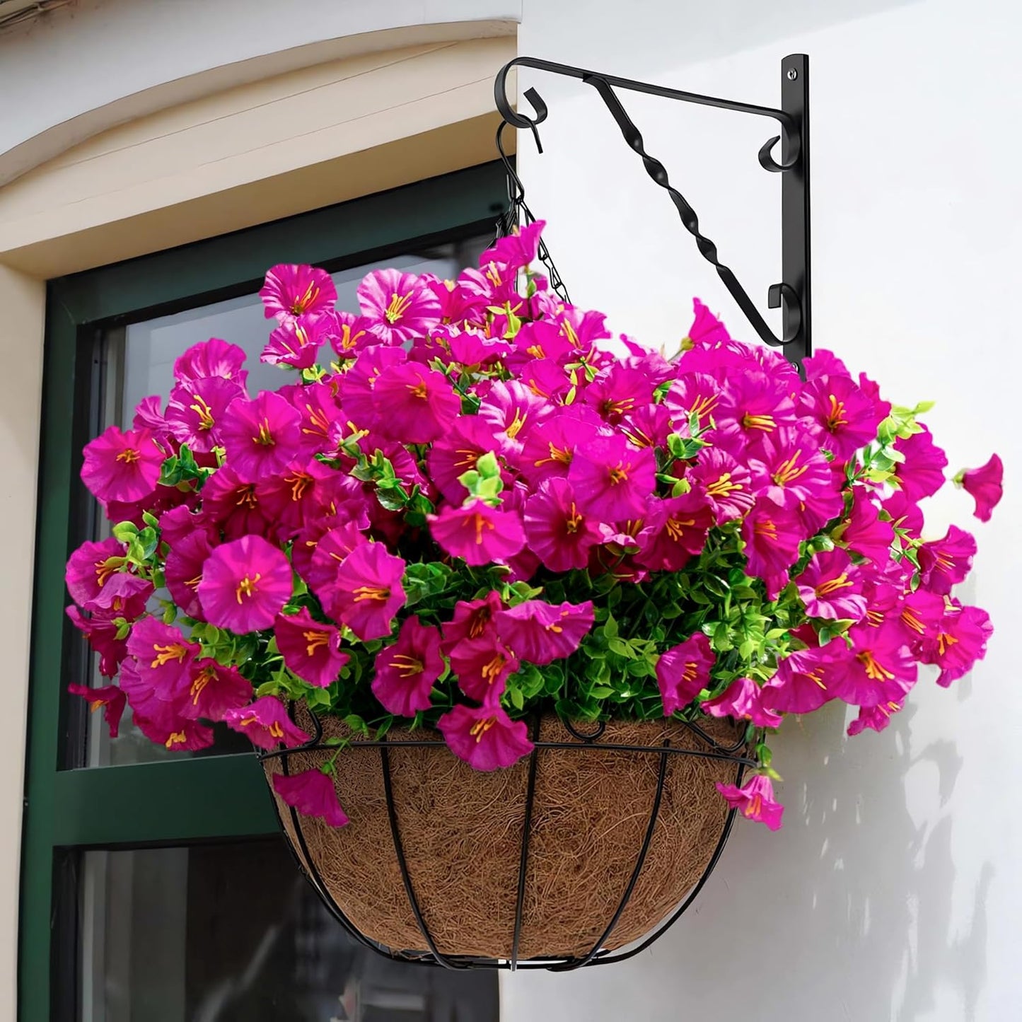 Artificial Flowers for Outdoors Spring Summer Decoration, 16 Bundles Fake Silk Realistic Morning Glory UV Resistant Faux Plastic Plants for Planter Front Door Porch Patio Yard (Fuchsia)