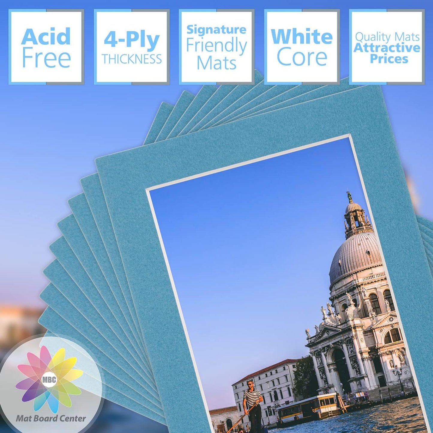 Mat Board Center, Pack of 10, 5x7 for 4x6 Dynamic Blue Color Mats - Bevel Cut, Acid Free, 4-ply Thickness, White Core - for Pictures, Photos, Framing