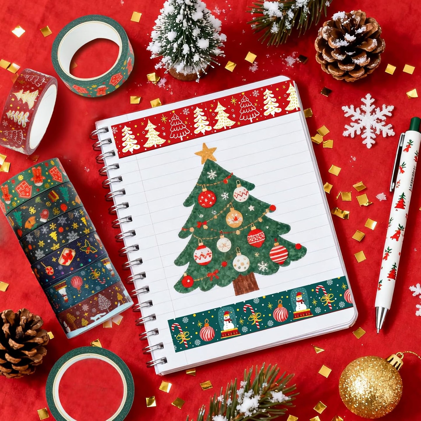 12 Rolls Christmas Washi Tapes Christmas Tree Snowman Snowflakes Gingerbread Man Masking Tape Red Green Gold Foil Xmas Decorative Tape for Xmas Scrapbook Journal Gift Wrapping DIY Crafts 16.4FT