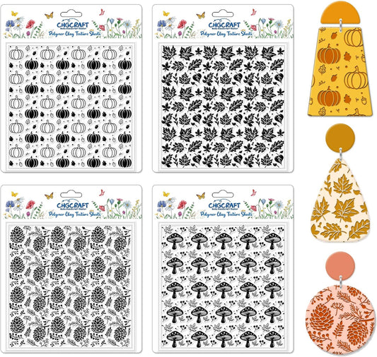 CHGCRAFT 4Pcs Pumpkin Maple Leaf Polymer Clay Texture Sheet Pinecone and Mushroom Autumn Silicone Clay Texture Mat for Polymer Clay Making Earrings Jewelry DIY Crafts 5.5 × 5.5 Inch