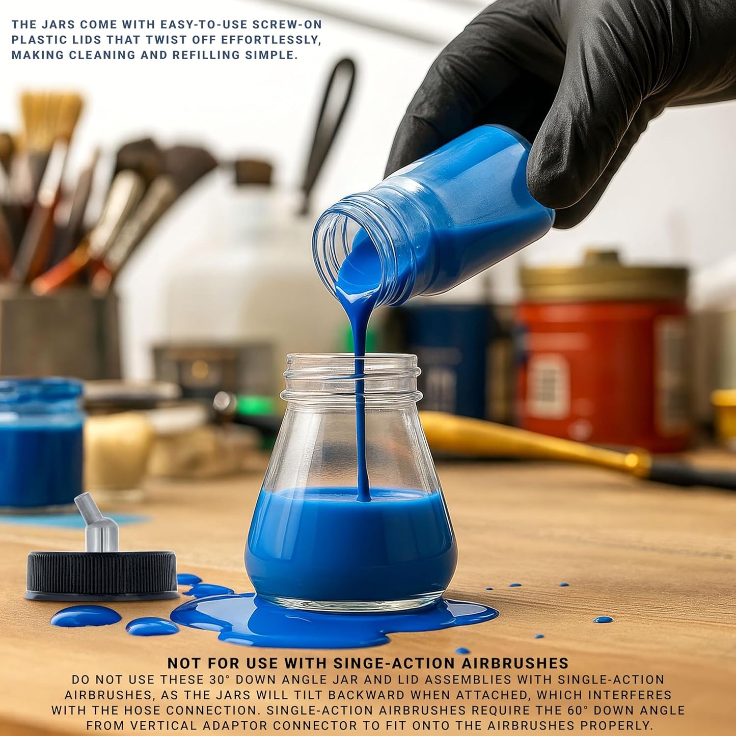 Master Airbrush (Pack of 10) TB-010 Empty 2.7-Ounce (80cc) Glass Jar Bottles with 30° Down Angle Adaptor Lid Assembly - Fits Dual-Action Siphon Feed Airbrushes, Use with Master, Badger, Paasche, Iwata