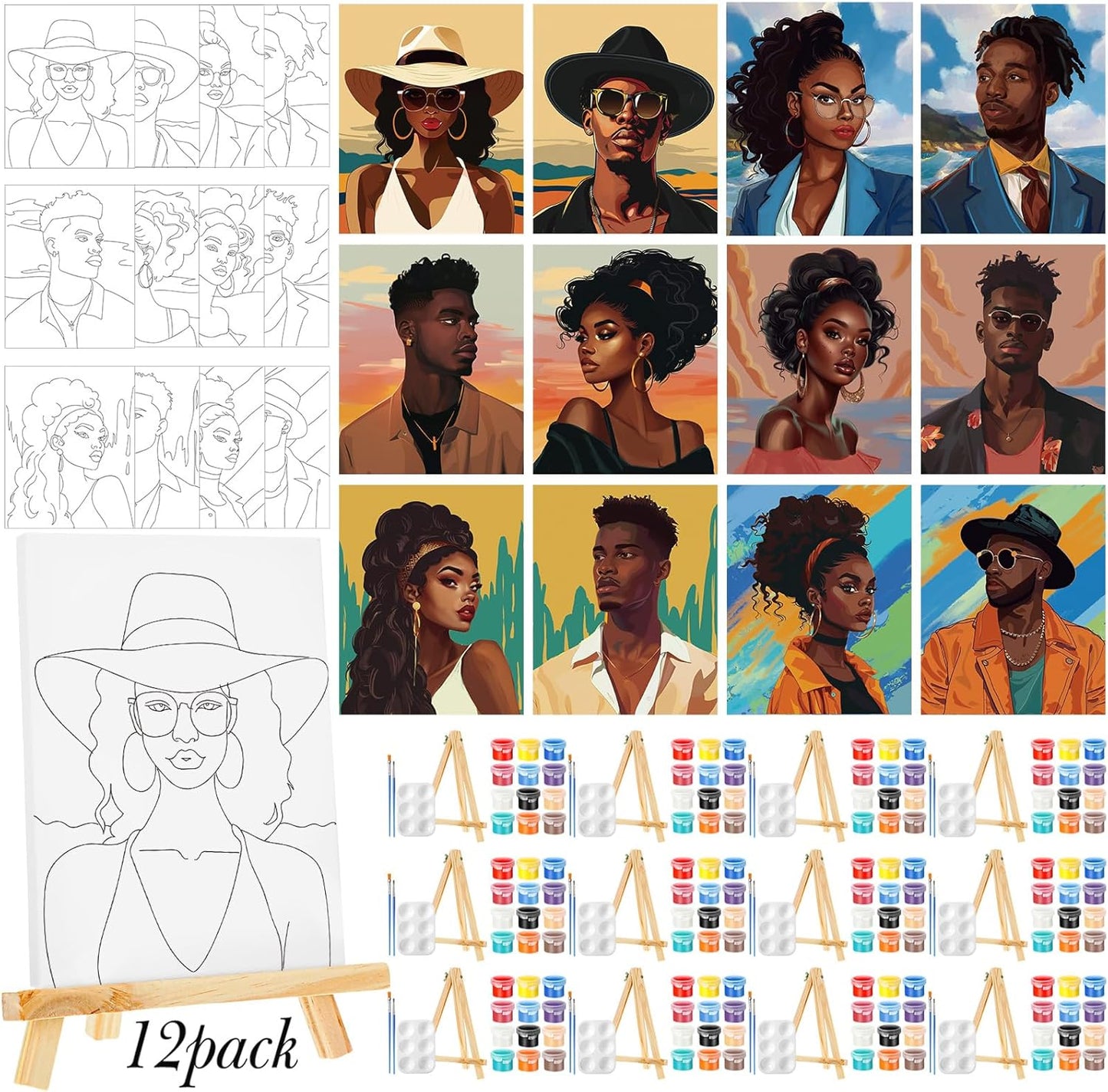 Zhanmai 12 Pack Pre Drawn Canvas for Painting Sip and Paint Kit 8" x 10" Paint Party Set Canvas Painting Pre Printed Canvases for Party Favor DIY Virtual Adult's Date Night(Adult Couples)