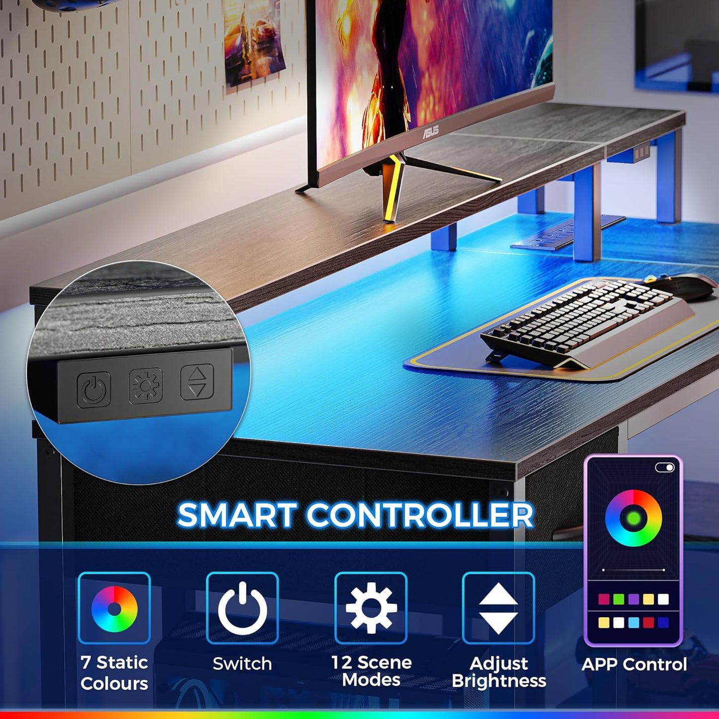 SUPERJARE 47 inch Reversible L Shaped Desk with LED Lights & Power Outlets, Computer Desk with Shelves & Monitor Stand, Gaming Desk with Drawer, Home Office Desk Corner Desk, Grey