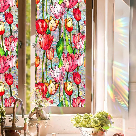 Stained Glass Window Film UV Resistant Window Privacy Film Red Floral Privacy Rainbow Decals Living Room Bedroom Sun Blocking Decor Removable Static Cling Stickers 17 x 39.37 Inch