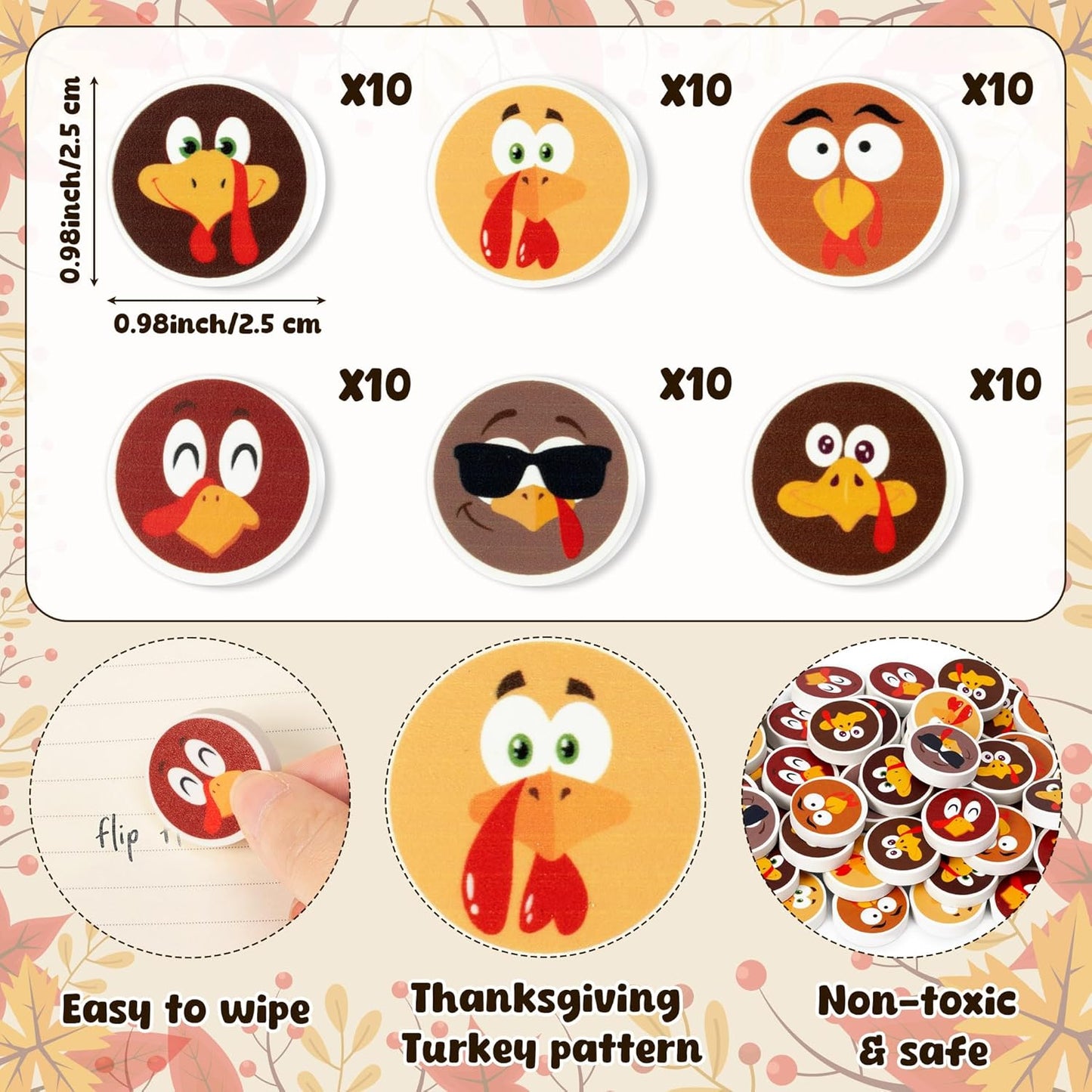 60Pcs Thanksgiving Mini Erasers for Kids Bulk Turkey Pencil Erasers Stationery for Student Classroom Prizes Homework Rewards School Supplies Party Favors