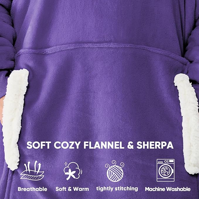 yescool Wearable Blanket Hoodie, Flannel Sherpa Fleece Blanket Sweatshirt for Adults Women Men,One Size Fits All
