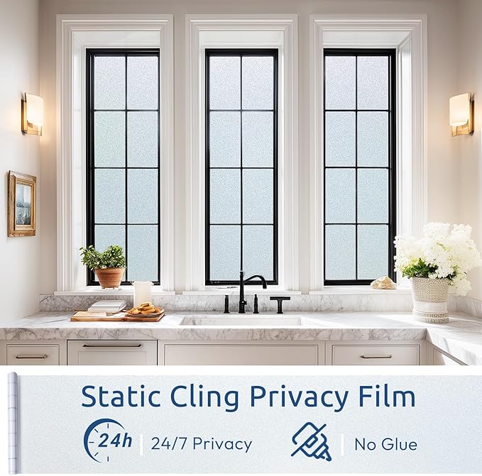 rabbitgoo Frosted Glass Window Privacy Film, No Glue, Anti-Glare Heat Blocking, Easy to Install, Renter Friendly Removable Opaque Bathroom Window Clings for Glass, 23.6 by 157.4 inch