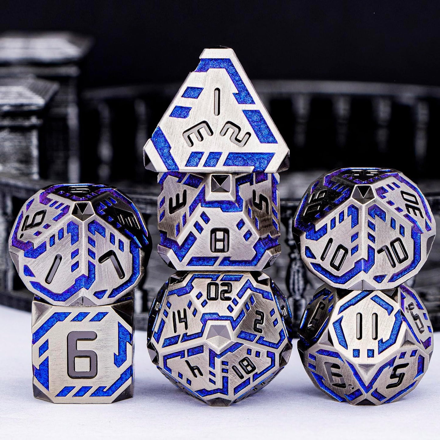 Metal DND Sci-fi Dice Set 7PCS Stripe Polyhedral Dice for Dungeons Dragons RPG Role Playing Game, Glitter D and D Dice with Gift Box D6 D8 D10 D12 D20 (Blue Purple&Grey)
