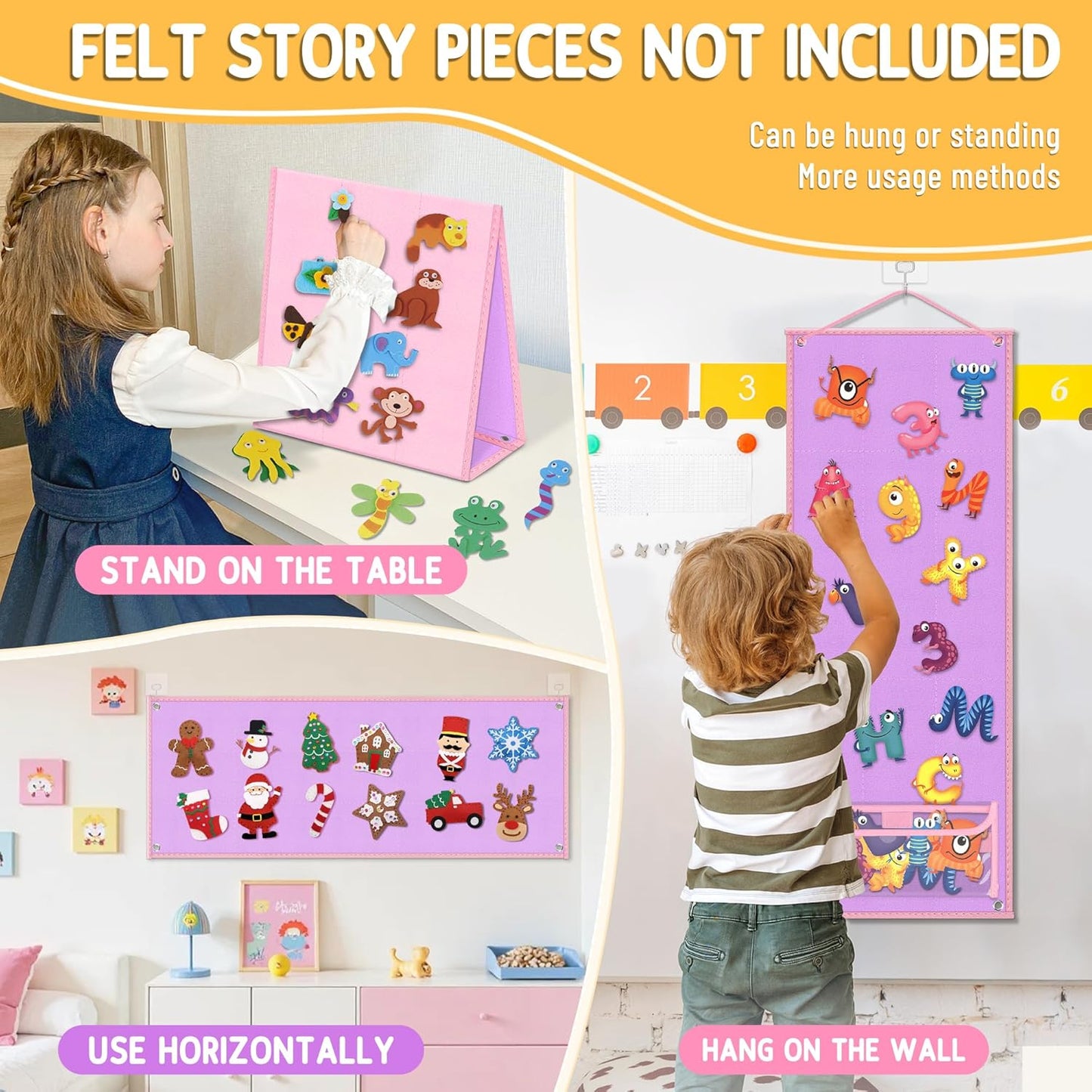 Foldable Felt Board - Double-Sided Flannel Story Board for Preschool Learning, Interactive Storytelling & Play | 33" x 12" Portable Felt Play Board for Home & Classroom Use (Pink)