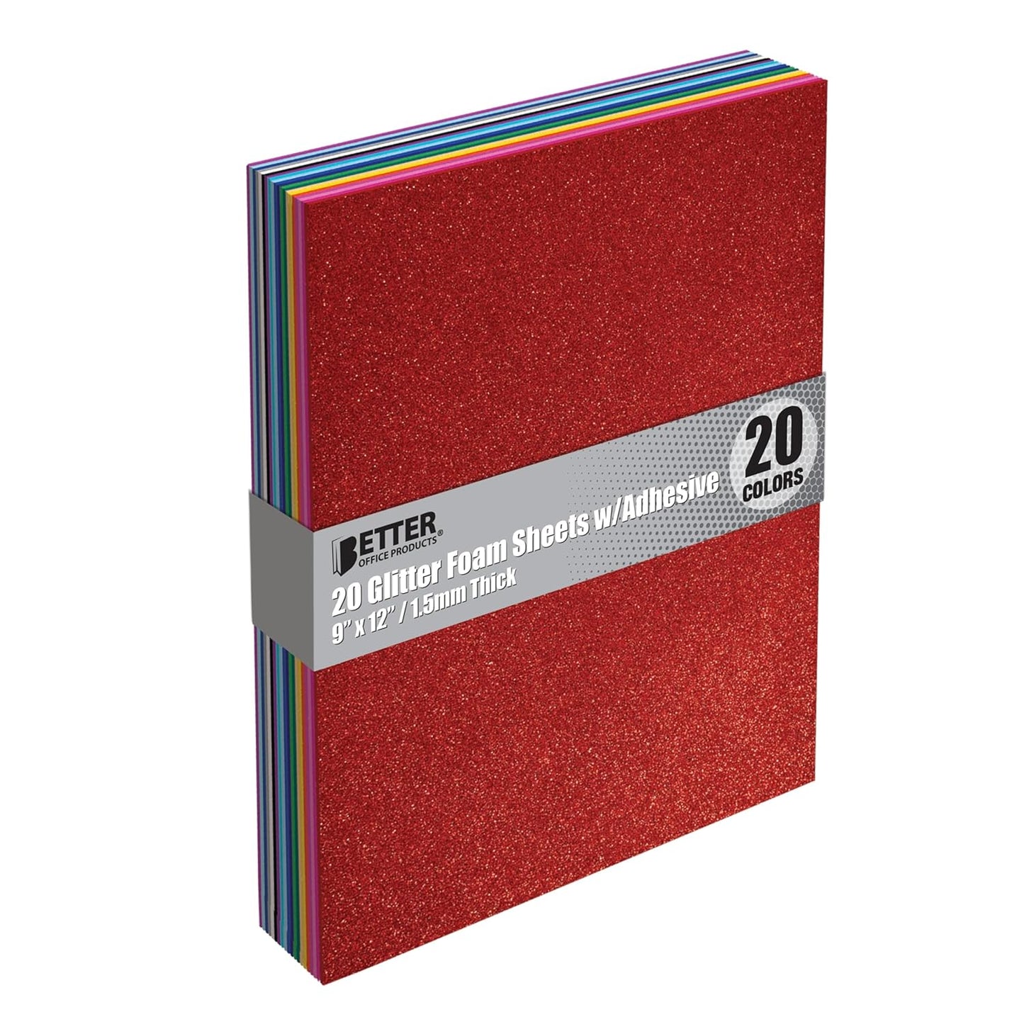 Better Office Products 20 Pack Glitter Foam Sheets with Adhesive Backing, 9 x 12 Inch, Assorted 20 Colors, for Arts and Crafts, 20 Adhesive Backed Sheets