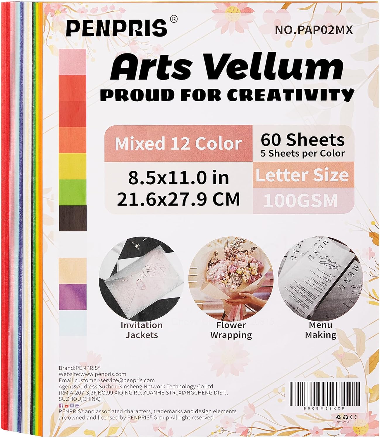 60 Sheets Colorful Vellum Paper Translucent Tracing Paper - 12 Colors 8.5 x 11in 100GSM Printable Art Paper for DIY Invitations Greeting Cards Birthday Party Decor Gift Wrapping PAP02MX