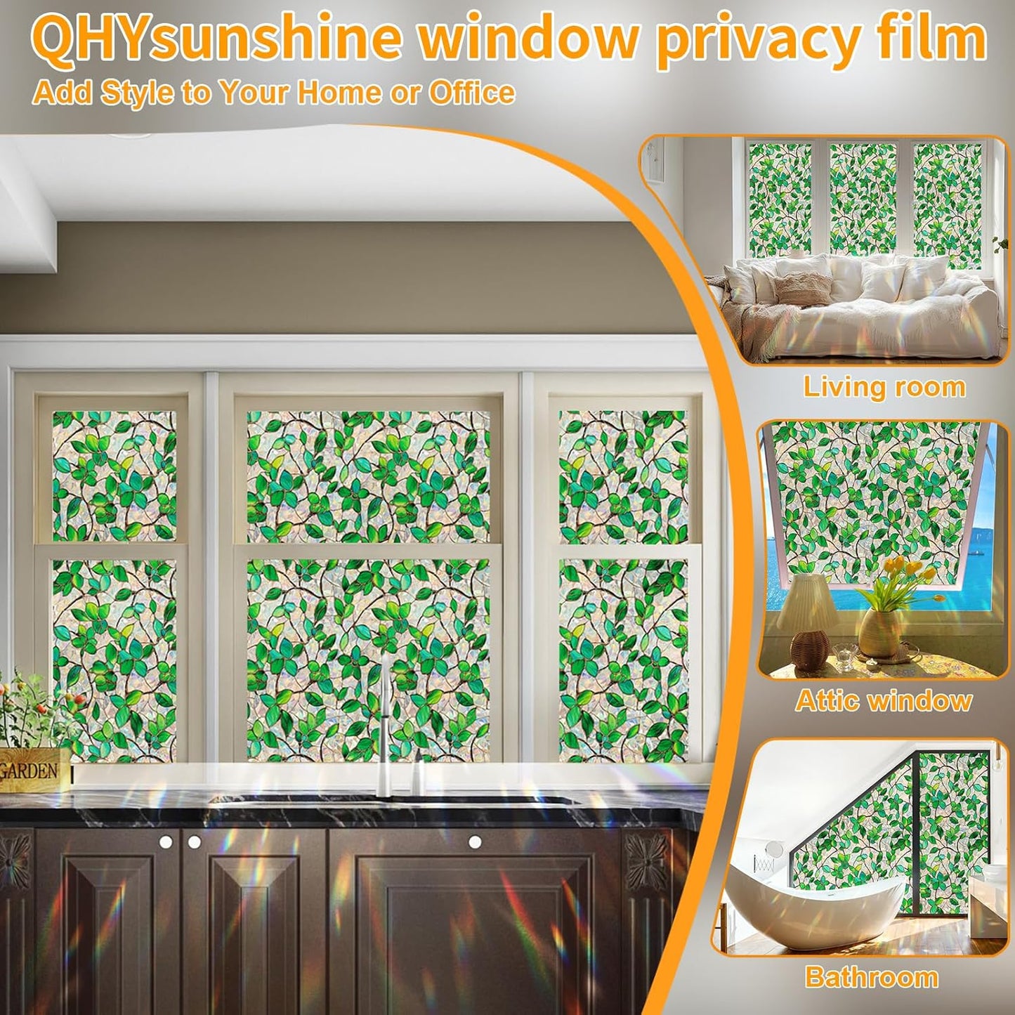 Stained Glass Window Privacy Film Decorative Rainbow Static Clings – Ideal for Home & Office, Adhesive-Free, Removable, UV-Blocking (Green Rainbow, 17.5 X 157.4 in)