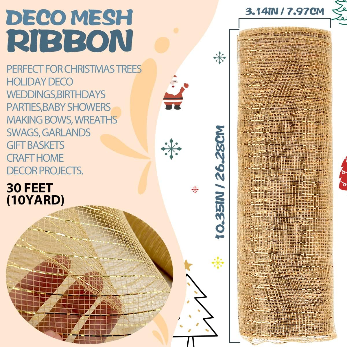 Anivia Deco Mesh Ribbon, 10inch x 30 Feet Each Roll Metallic Foil Mesh Ribbon for Wreaths Swags, Holloween, and Christmas Tree Decoration (Natural)