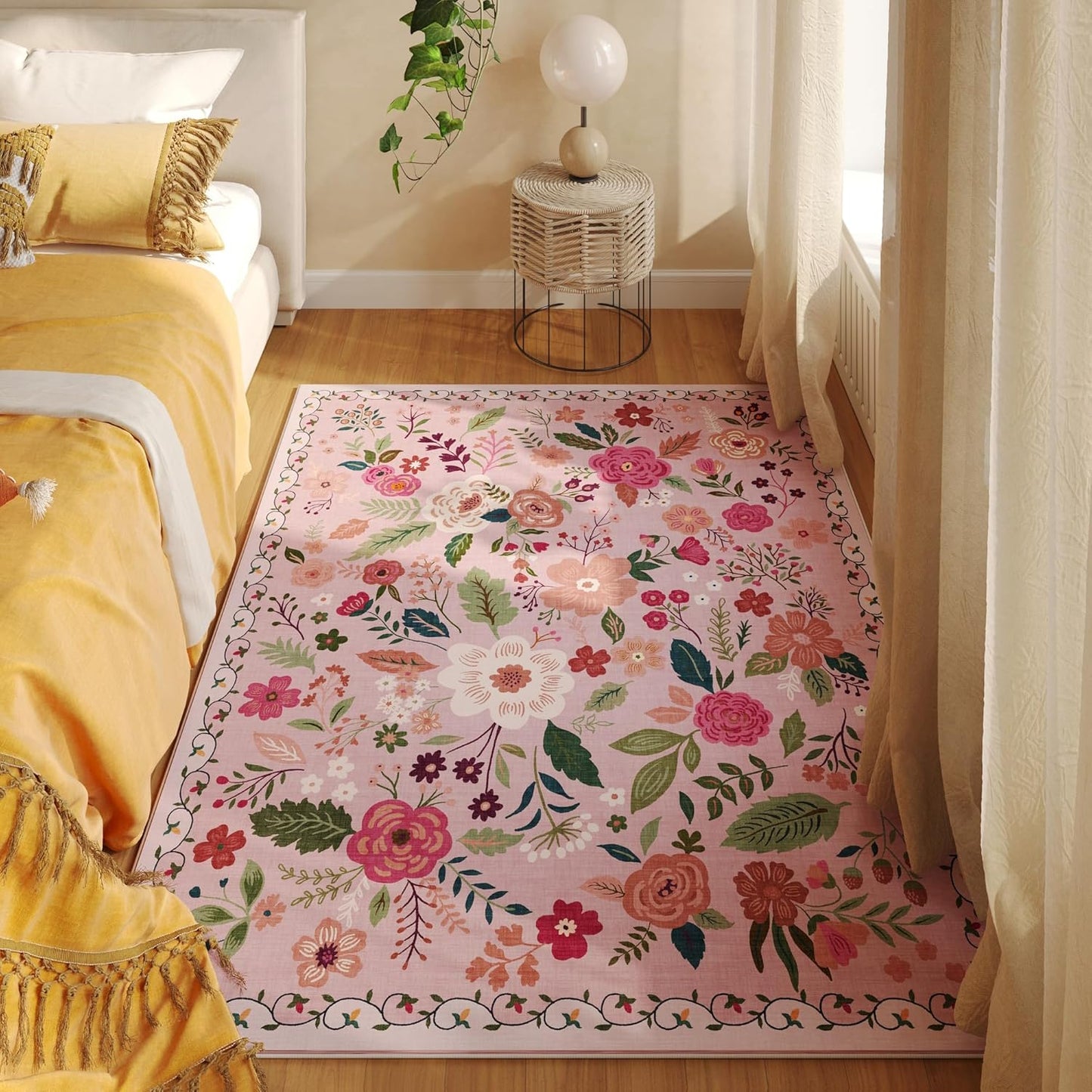 Rugcomf Area Rug 4x6 Rug Washable Boho Rugs Non Slip Low Pile Floral Small Carpet for Bedroom, Bedside, Kids Room, Office, Dining Room(Pink)