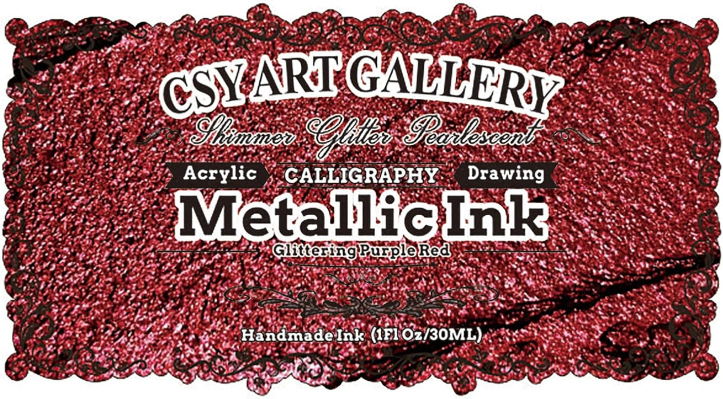CSY Art Gallery Glitter Acrylic Liquid Ink-Metallic Spray Paint -Metal Calligraphy Inks -Craft Paint for Terracotta,Model Car,Leather,Painting,Wood (Glittering Purple Red)
