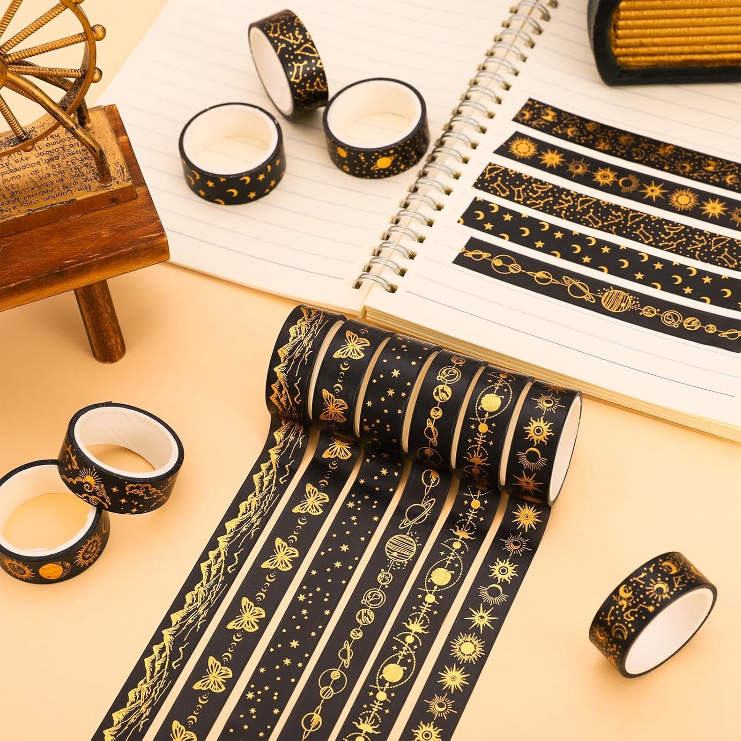 Whaline 12 Rolls Gold Foil Galaxy Washi Tape Black Gold Sun Moon Star Masking Tape Set Decorative Wrapping Paper Tapes for Scrapbook Journal DIY Art Crafts