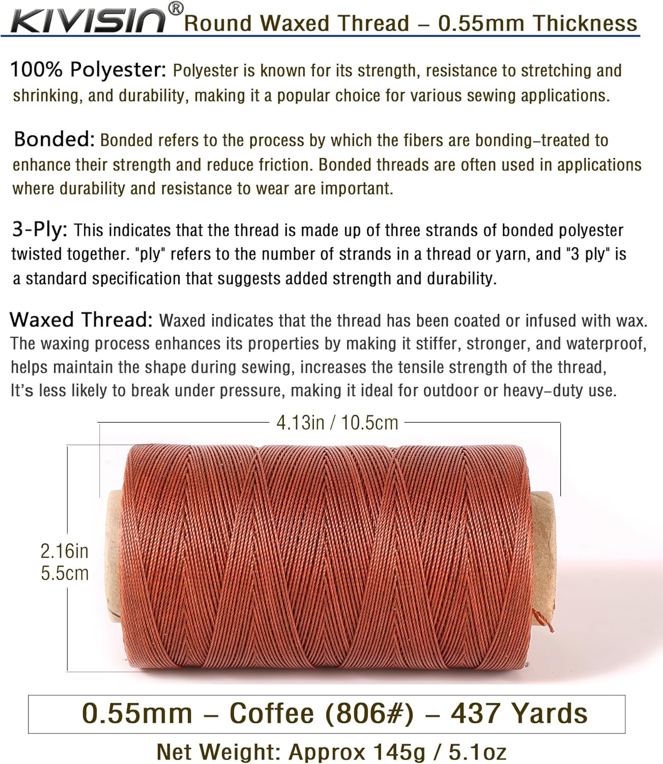 Sturdy Bonded Waxed Polyester Thread, 0.55mm, 437 Yards Wax String Cord - Coffee for Leather, Hand Sewing, Stitching, Beading, Bookbinding, Bracelets and Macrame Jewelry Making