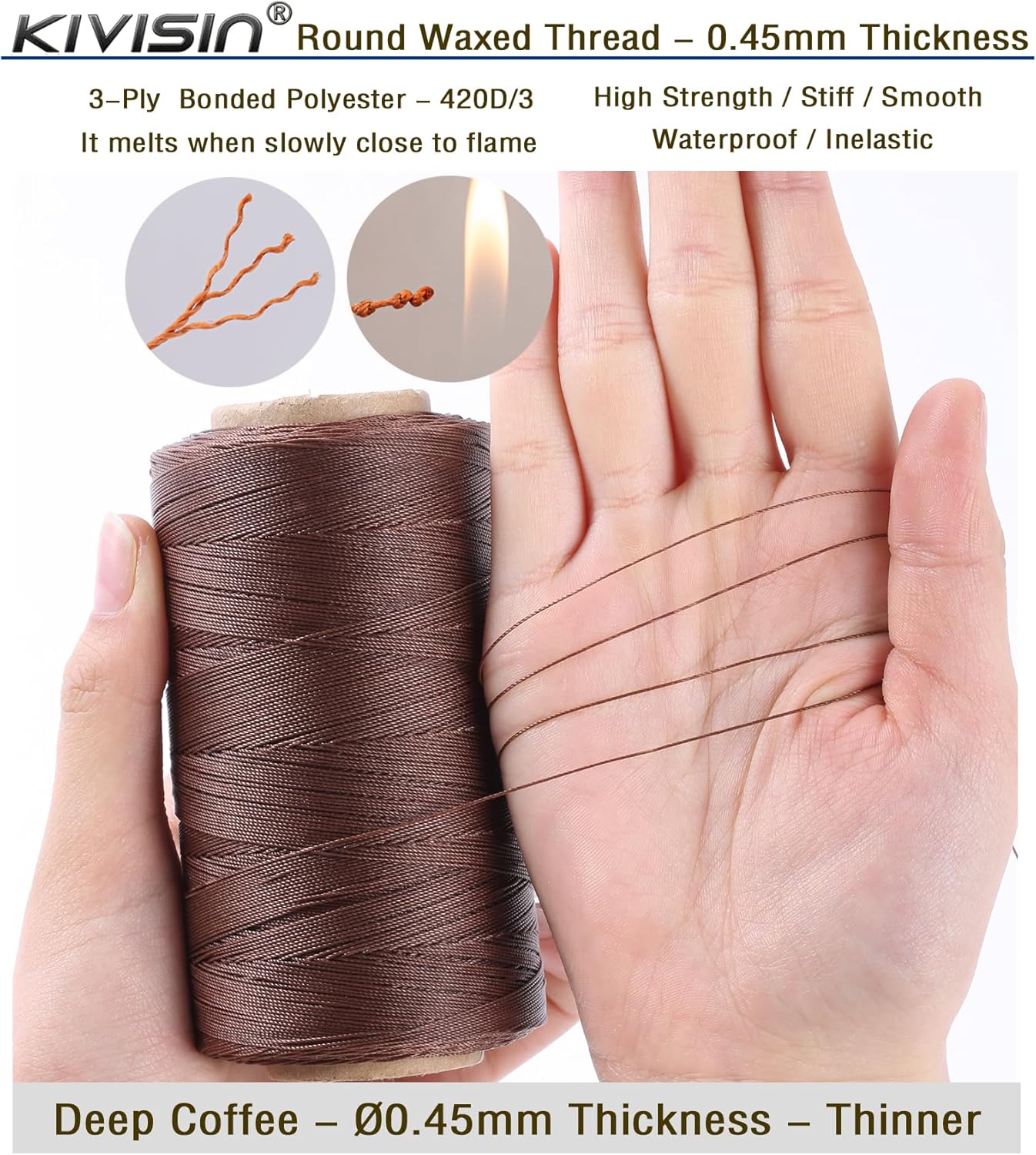 Thin Wax Polyester Thread, 0.45mm, 547 Yards, 3 Ply Round Waxed Cord Strings for Sewing, Beading, Binding, Micro Braiding, Fine Leather Craft and Micro Macrame Jewelry - Deep Coffee