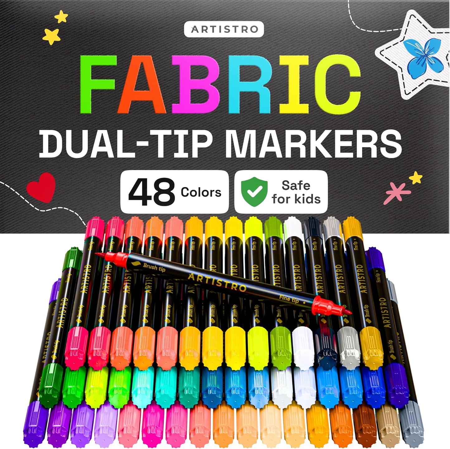 ARTISTRO 48 Dual-Tip Fabric Markers - Fabric Decorating Kit - Permanent for Clothes - No Bleed Pens for T-Shirts, Bags, Textile, Canvas, and More (Brush Tip and Fine Tip)