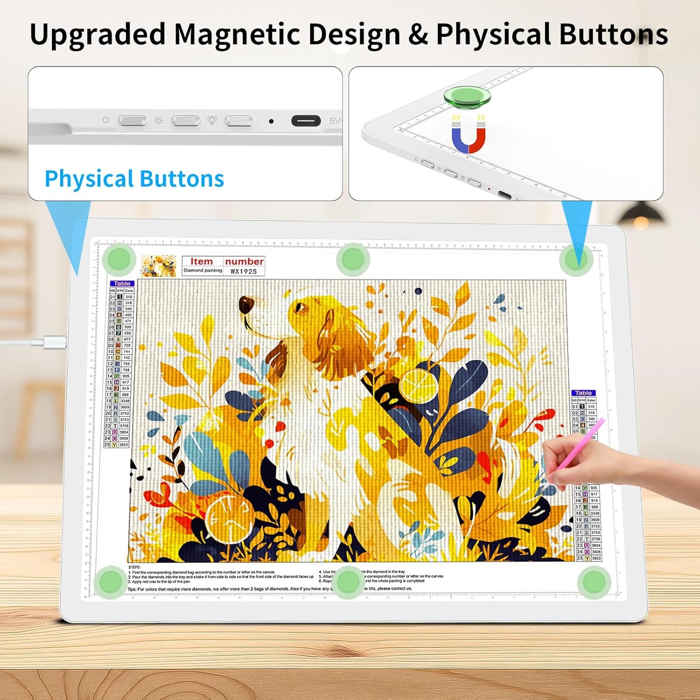 TOHETO A2 Light Pad 25.2''x18.4'', Large Magnetic LED Light Board for Diamond Painting, 3-Color Modes Light Box for Tracing, 6-Level & Stepless Dimmerable Diamond Art Light Table for Drawing,Sketching