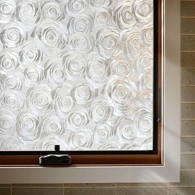 Window Privacy Film, Frosted Glass Decorative Static Cling, Removable Sun Blocking Vinyl Covering,Window Film for Home Kitchen Living Room Bathroom,Sea of Flowers,17.3" x 78.7"