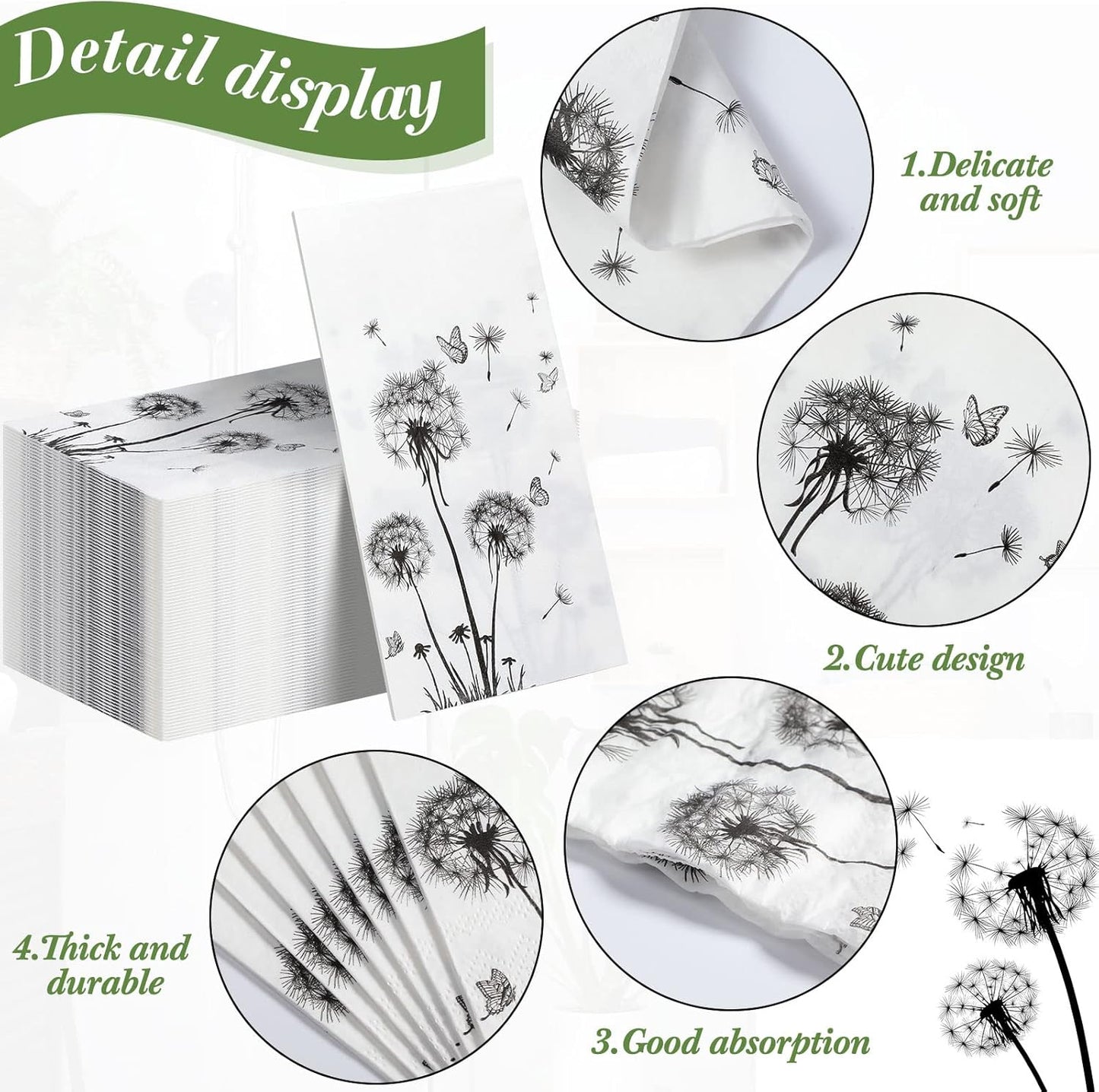 100 Sheets Dandelion Guest Towels Disposable for Bathroom Disposable Paper Napkins for Dinner Party Kitchen Floral Paper Hand Towels for Guest Party Supplies (4.3 x 7.9 Inch)