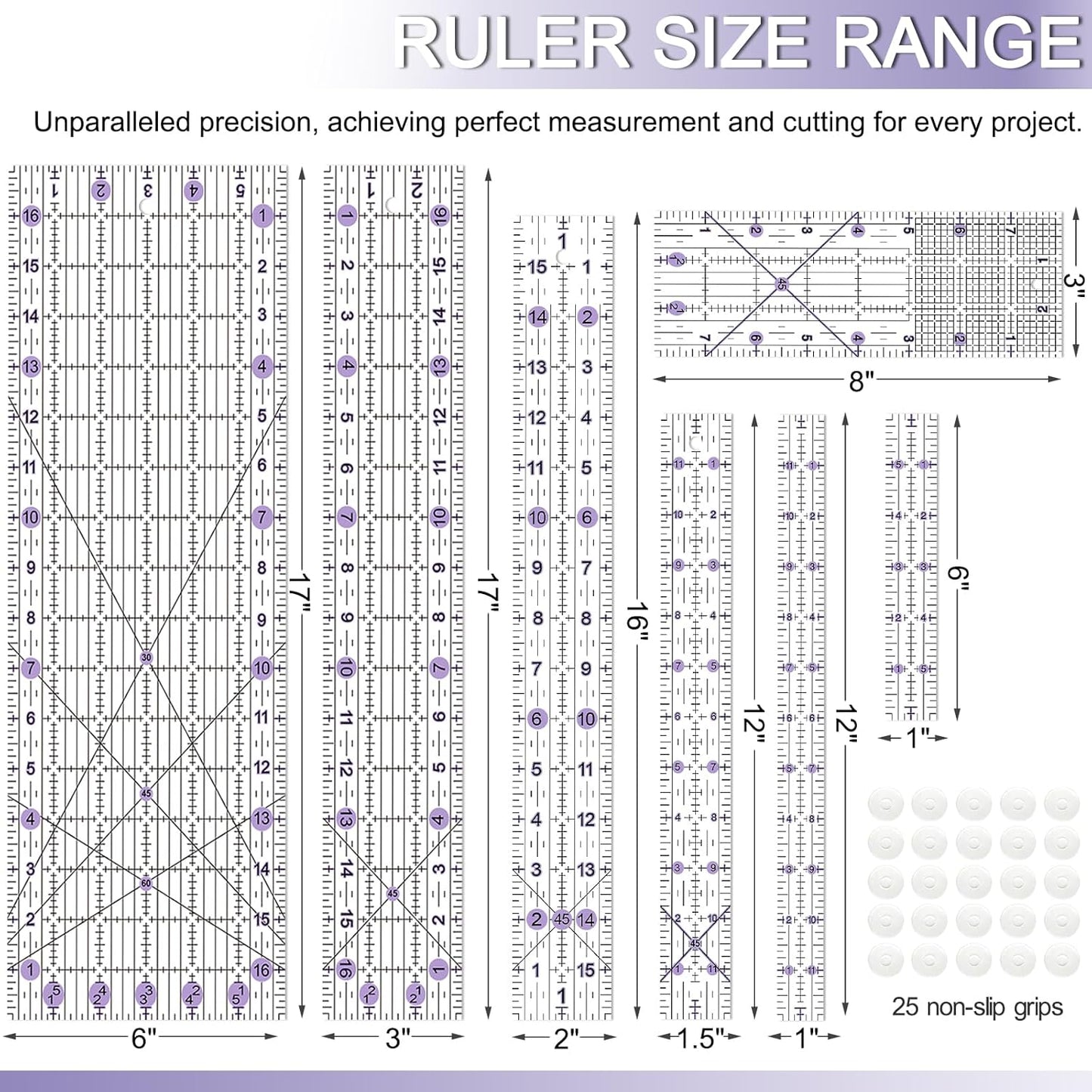 Quilting Ruler, Sewing Ruler, 8 Pack, Acrylic Quilting Templates(6"x17", 3"x17", 2"x16", 1.5"x12", 1"x12", 1"x6", 8"x3"), Non Slip Rings 25 Pieces, Sewing and Quilting Supplies - Clear/Purple