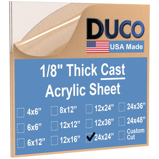 Duco USA-Made Clear Cast Acrylic Sheet 1/8 Inch Thick 24" x 24" - 2 Pack of Transparent Plexiglass Sheet - Lightweight Acrylic Board for Window Replacements, Displays, Signs, and More