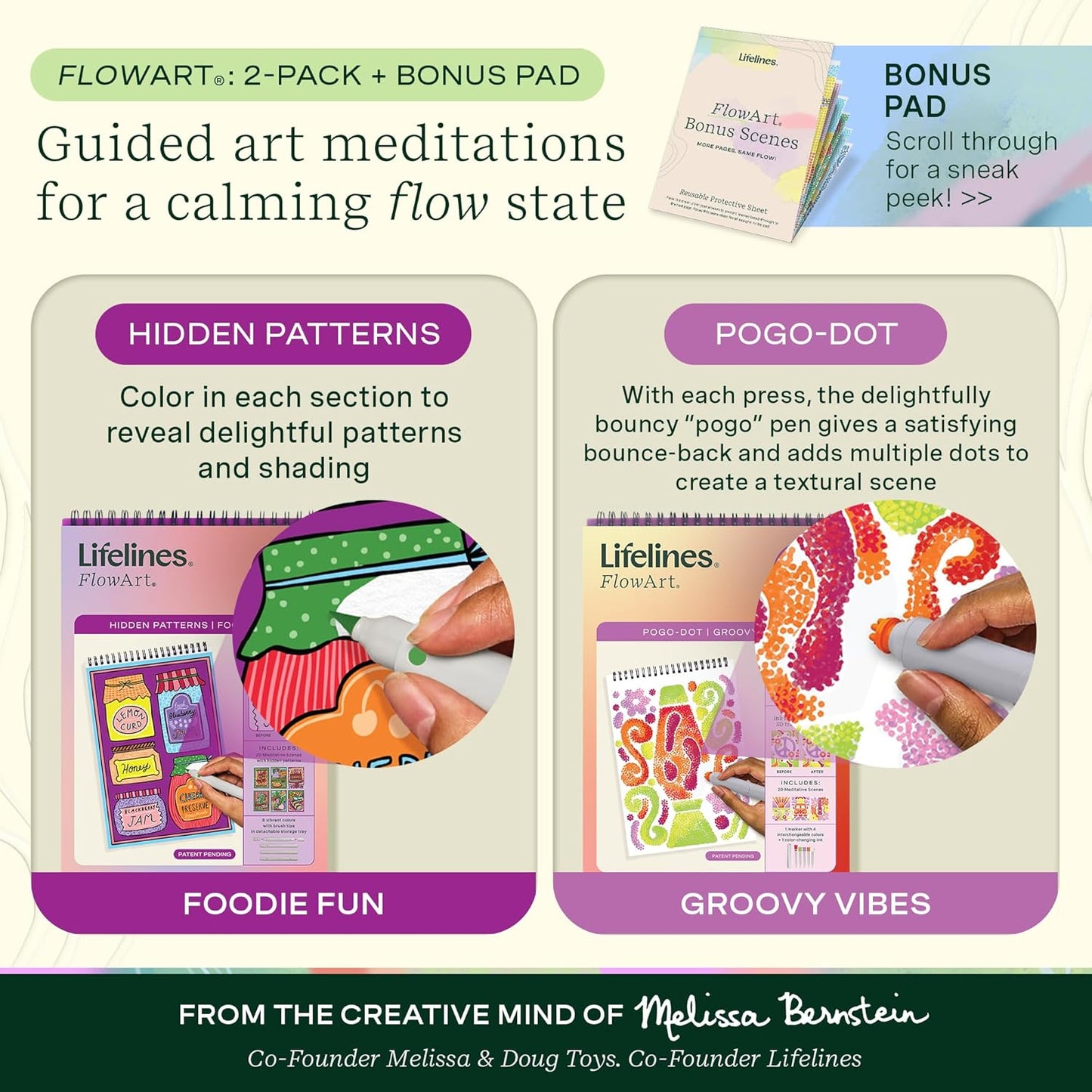 Lifelines FlowArt Activity Pad, 2-Pack & Bonus Pad - Guided Art Meditations with Markers - Hidden Patterns & Pogo-Dot - Coloring Books for Tweens, Adults & Seniors