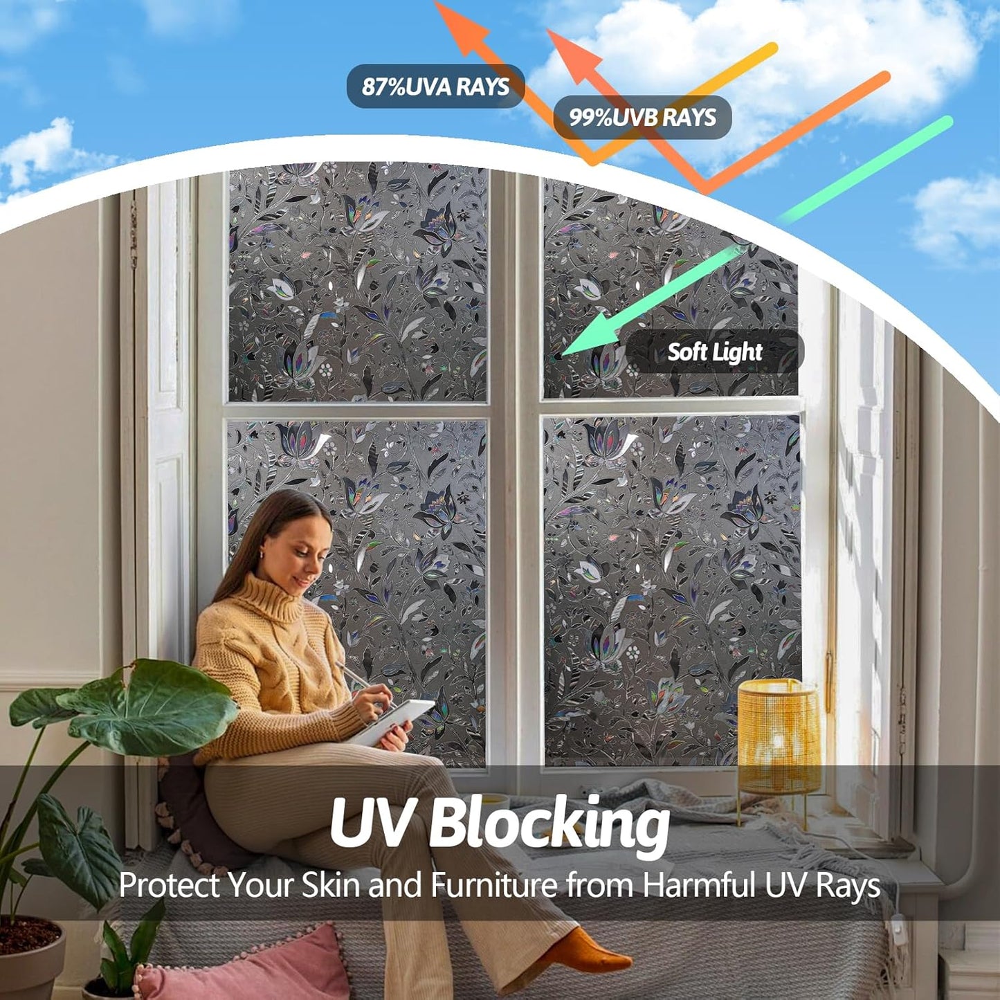 NINETREX Window Privacy Film,Decorative Window Film Frosted,Stained Glass Window Cling,Heat Blocker Non-Adhesive for Home,Grayish Black 23.6 x 78.7inch