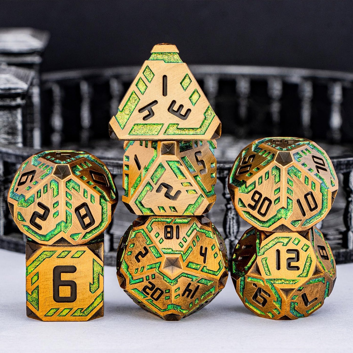 Metal DND Sci-fi Dice Set 7PCS Stripe Polyhedral Dice for Dungeons Dragons RPG Role Playing Game, Glitter D and D Dice with Gift Box D6 D8 D10 D12 D20 (Yellow Green)