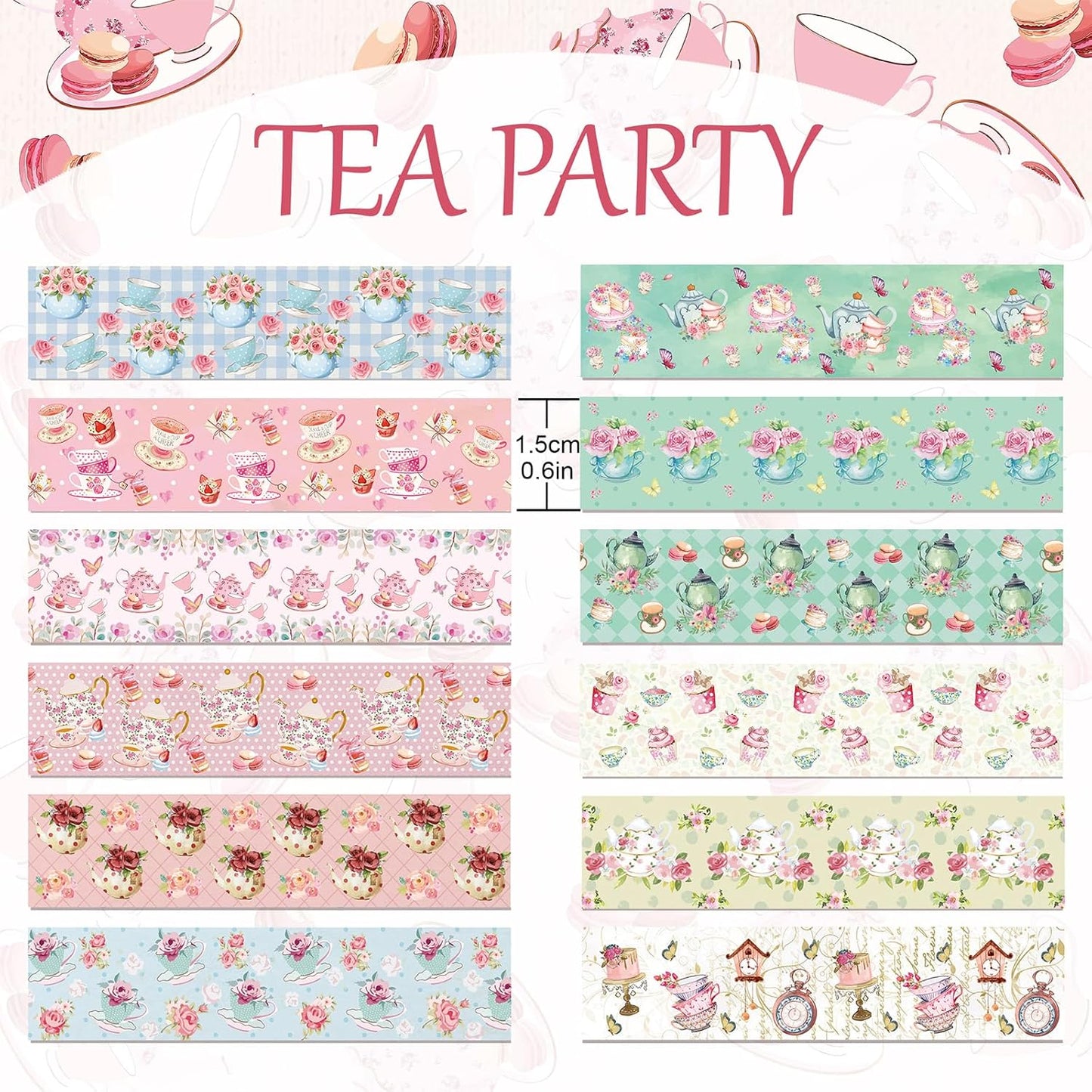 12 Rolls Tea Party Washi Tape, Afternoon Tea Decorative Tape for Scrapbooking, Bullet Journals, Planners, Party Decorations, DIY Crafts, Gift Wrapping, 16.4FT