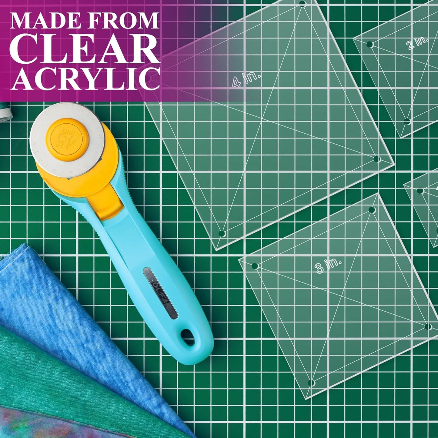 Quilting Acrylic Template Set | Precision Tools for Quilting Enthusiasts | Square Design | Includes Sizes 4", 3", 2", 1" | 1/8 Clear Acrylic | 1/4" Seam Allowance for Accuracy