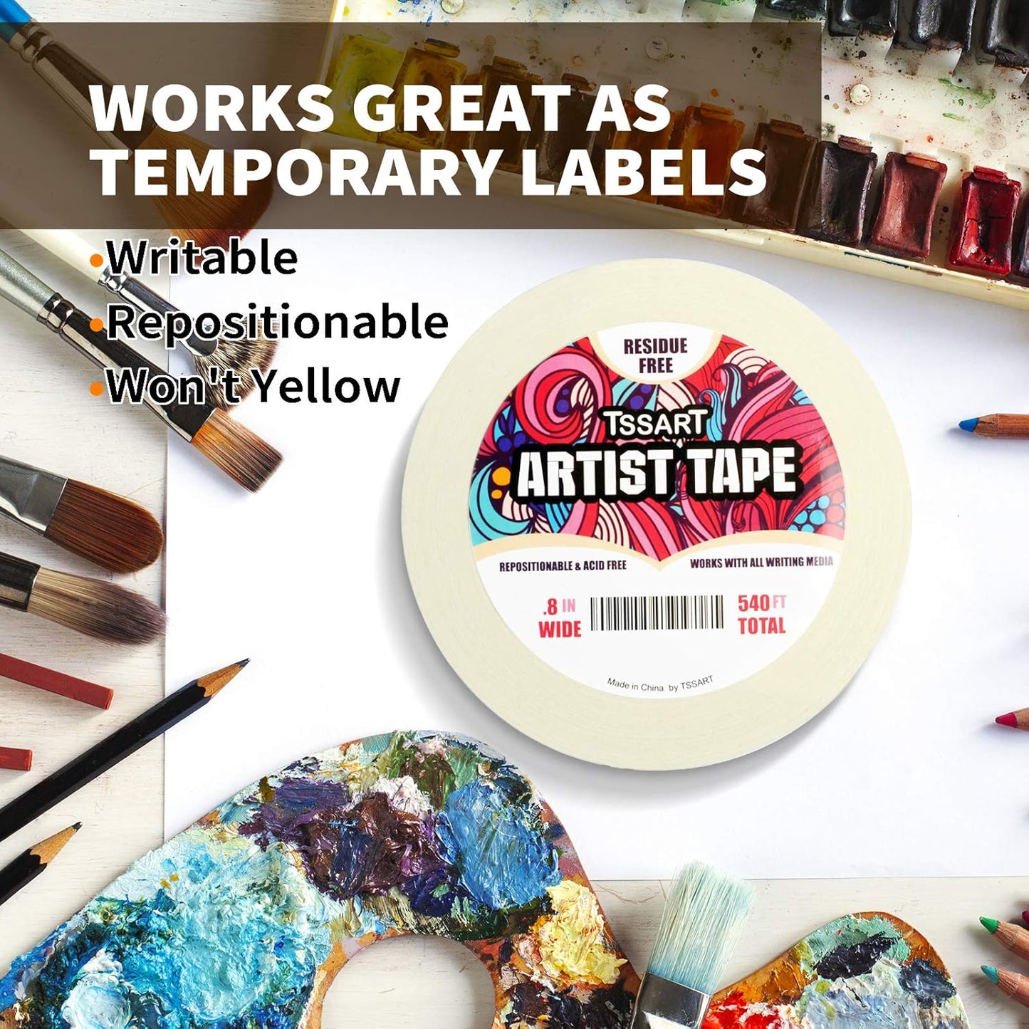 3 Pack White Artist Tape - Masking Artists Tape for Drafting Art Watercolor Painting Canvas Framing - Acid Free 0.8inch Wide 540FT Long Total