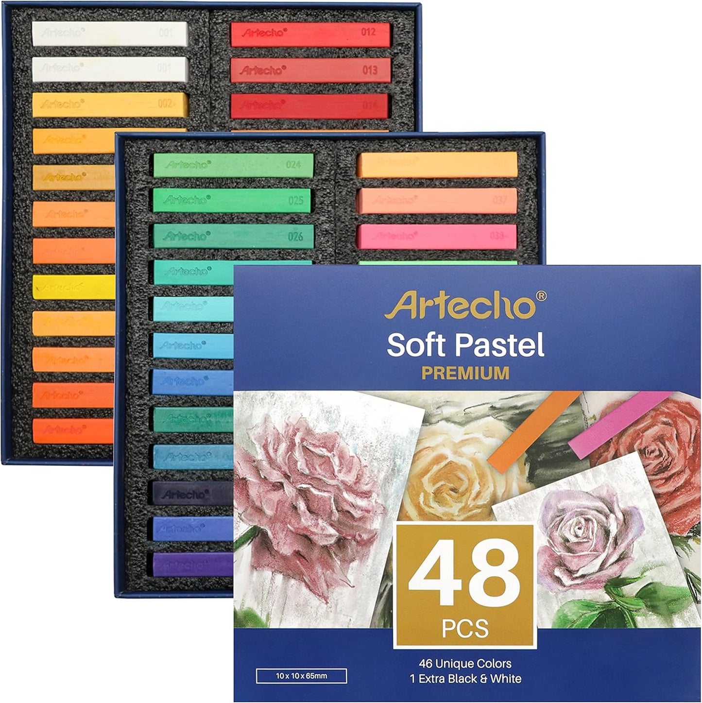 Artecho 48pcs Soft Pastels, 46 Colors Including 4 Fluorescent Colors, Extra Free Black & White, Square Chalk for Drawing, Blending, Layering, Shading, Pastels Art Supplies