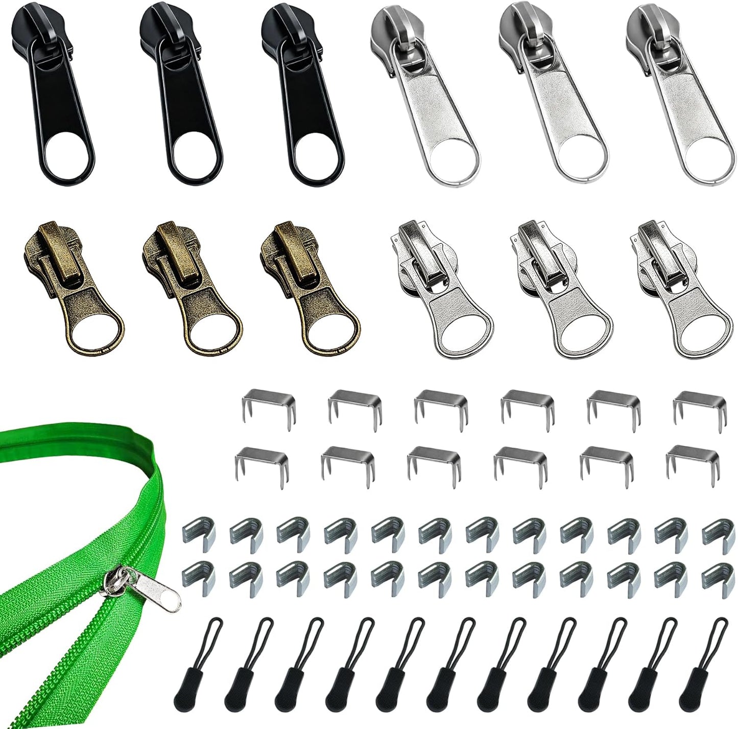 Vintrex 60 Pcs Zipper Repair Kit with Replacement Sliders, Metal Zipper Pull Replacement Kit for Jackets, Coats, Tents, Backpacks, Sleeping Bags, and Luggage