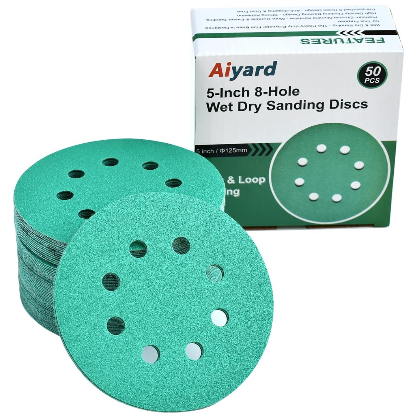5-Inch 8-Hole Wet Dry Sanding Discs 120 Grit, Polyester Film Backed Heavy-Duty Hook and Loop Sandpaper for Random Orbital Sander, 50-Pack