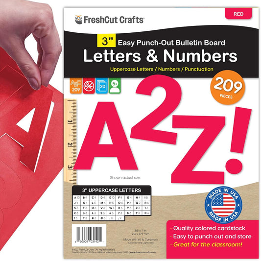 209 Pcs 3" Red Bulletin Board Letters & Numbers, Capital Letters, Numbers, Punctuation, US Made Card Stock Punch Out Letters for Poster, Bulletin Board, Classroom - Precut Letters & Numbers