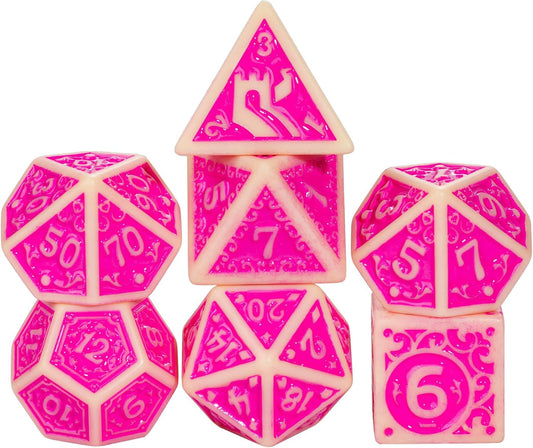 7-Die DND Dice Set New Pattern Polyhedral Dice Set with Leather Bag D&D Die for RPG Table Games(Yellow Pink)