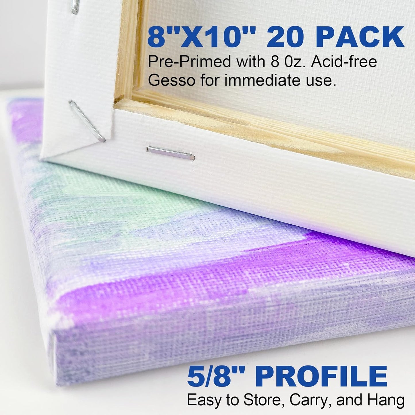 Blank Canvases - 8x10in Stretched Canvases, 20 Pack, 5/8 Inch Profile, 100% Cotton Artist Framed Canvas for Acrylics, Oils & Other Painting Media