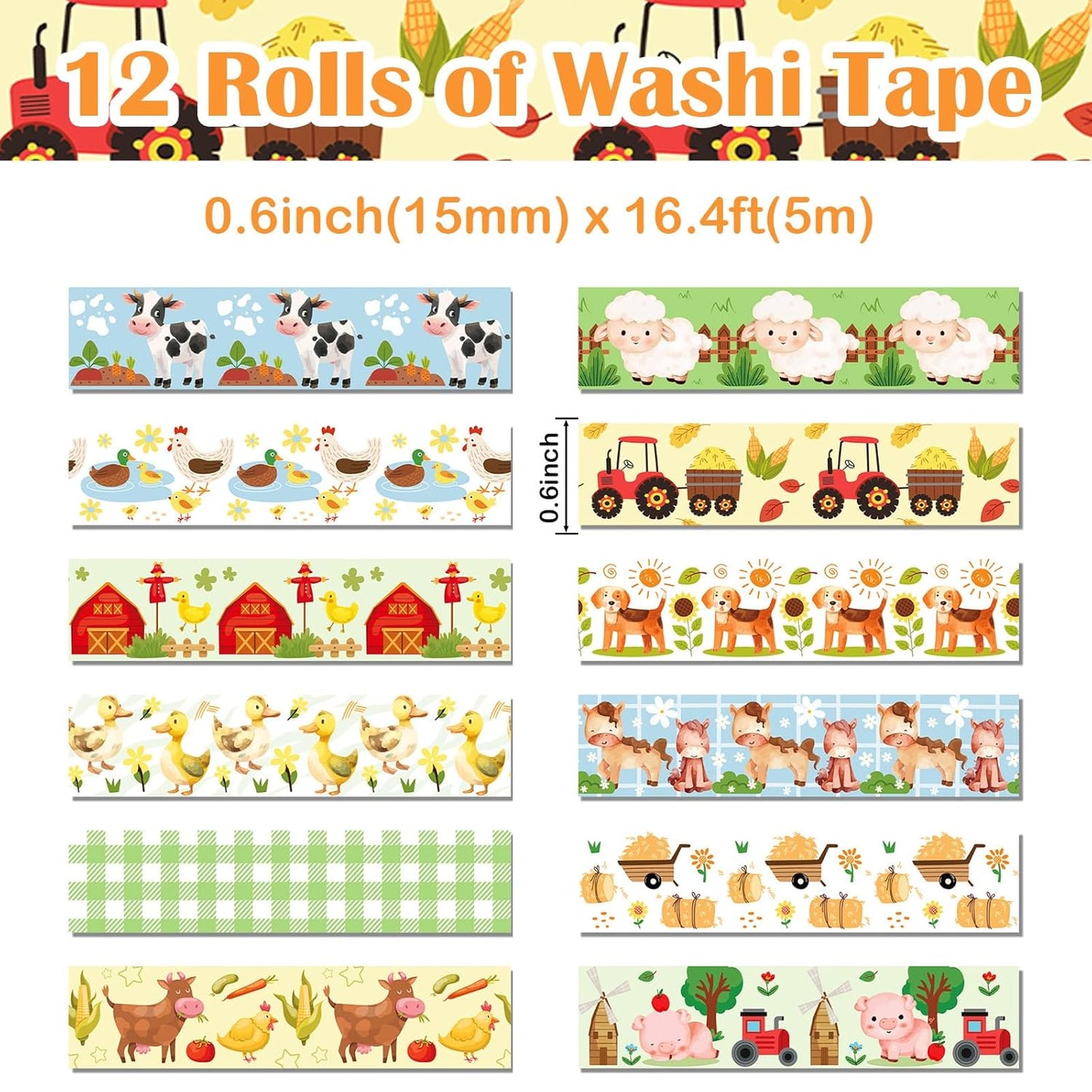 12 Rolls Farm Animals Washi Tape Set, Farmhouse Cow Sheep Pig Ducks Decorative Tapes, Fall Cute Cartoon Masking Tape for Journaling Scrapbook Journals Planners DIY Crafts Christmas Party Decor 16.4FT