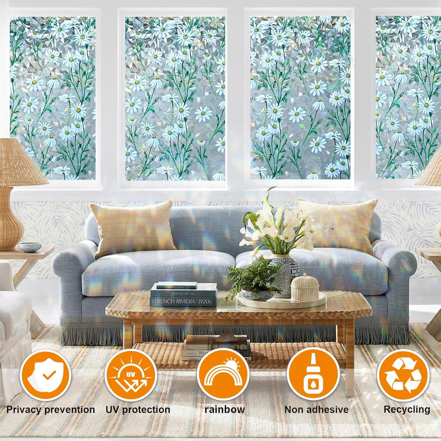 Window Privacy Film Stain Glass Window Film Rainbow Window Film Window clings Non-Adhesive Reusable Decorative for Room (Daisy Rainbow, 35.4 x 78.7 in)