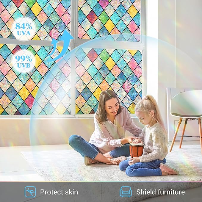 Haton Stained Glass Window Film, Rainbow Window Privacy Film, Decorative Sun Blocking Glass Clings Stickers, Static Cling Colorful Lattice Coverings Decals for Home Door 23.6" x 157.4"