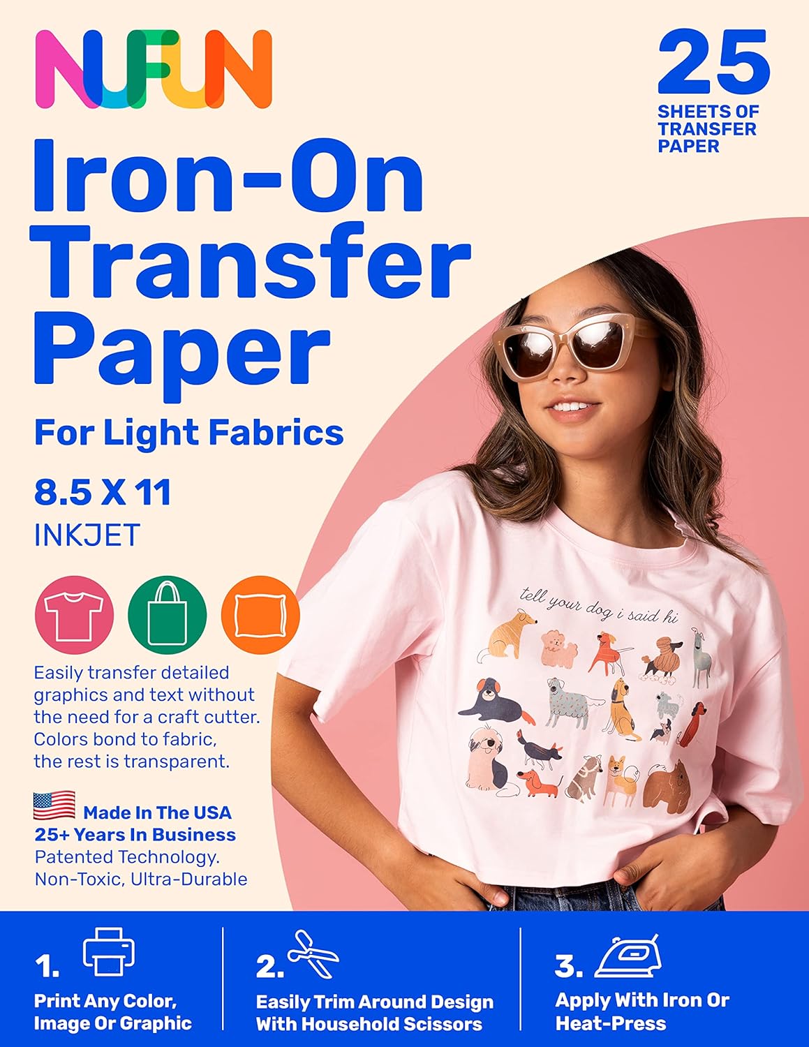NuFun Activities Printable Iron-on Heat Transfer Paper for T Shirts, Light Fabrics, 25 Sheets 8.5 x 11 inch, Long Lasting, Durable, Professional Quality, Easy DIY, Non-Toxic, Made In the USA