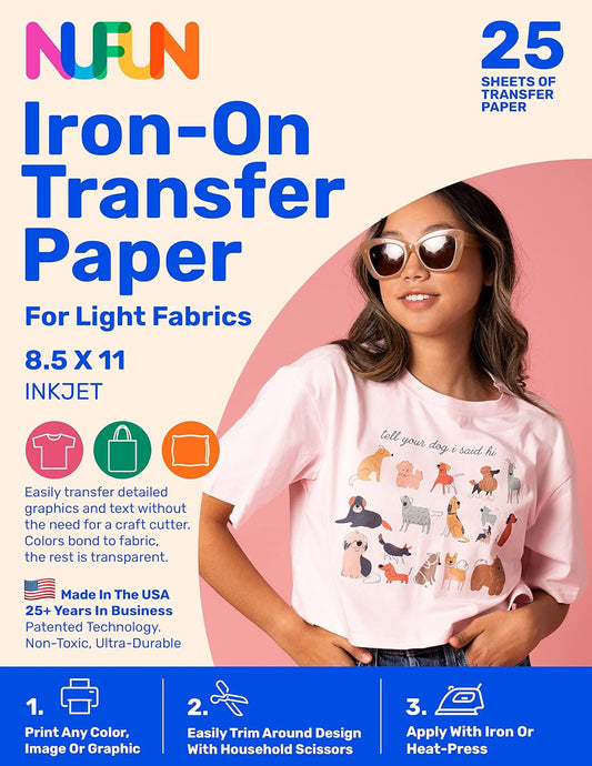 NuFun Activities Printable Iron-on Heat Transfer Paper for T Shirts, Light Fabrics, 25 Sheets 8.5 x 11 inch, Long Lasting, Durable, Professional Quality, Easy DIY, Non-Toxic, Made In the USA