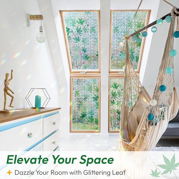rabbitgoo Rainbow Window Privacy Film Decorative Stained Glass Diamond Pattern Window Sticker with Iridescent Tint Non-Adhesive Static Cling for Home Office Bathroom, Green Leaf 35.4 x 78.7 inch