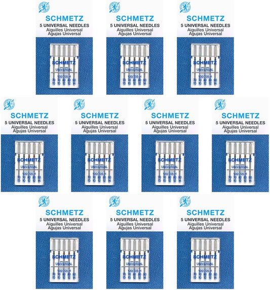 50 Schmetz Universal Sewing Machine Needles - Assorted Sizes - Box of 10 Cards