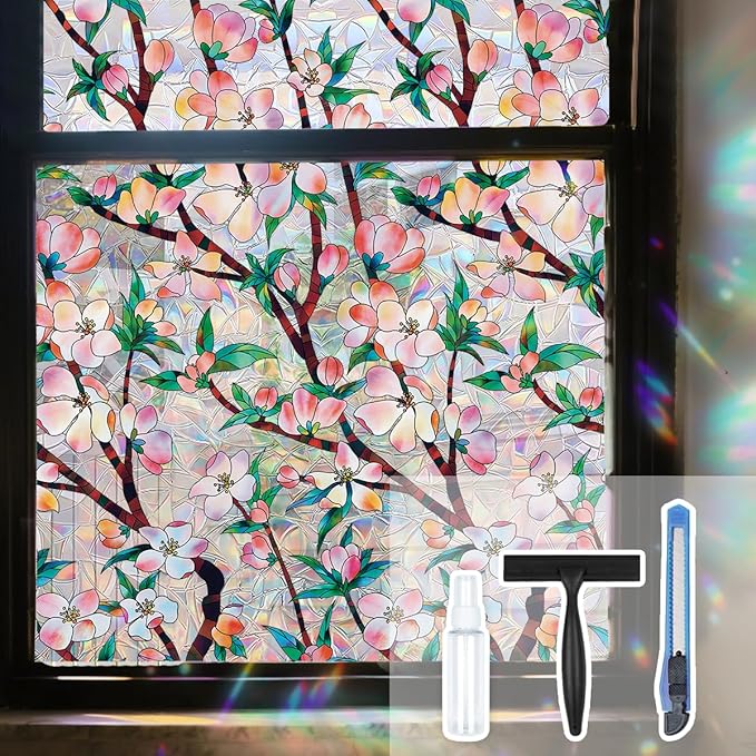 Peach Blossom Stained Glass Window Film Static Cling with Tools - 17.5 x 78.7 Inch Non-Adhesive Privacy Decorative Rainbow Film for Windows, Doors, Sidelights - Easy Install & Remove